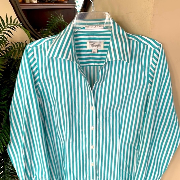 NWOT Foxcroft Wrinkle Free Button Down Blouse Collared Teal White Stripes Cotton - Picture 6 of 11